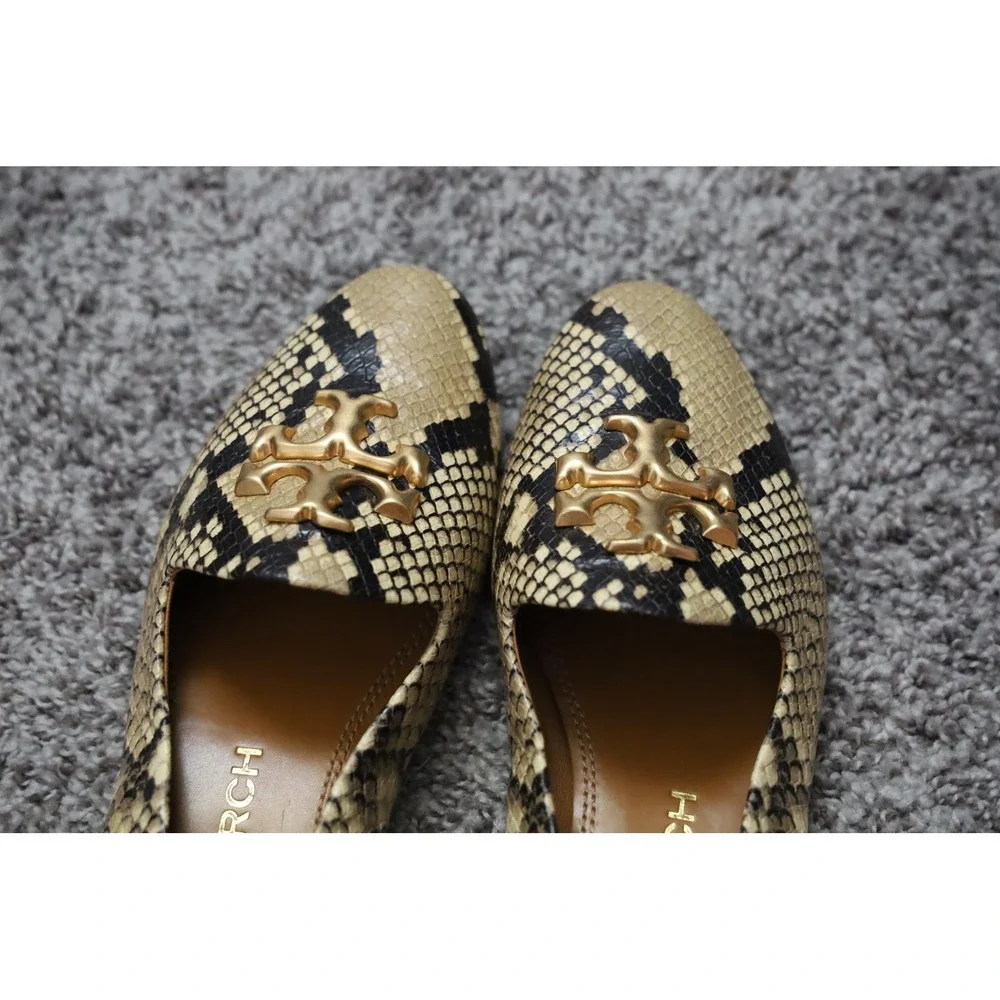 Tory Burch Eleanor Loafer Snake Embossed Leather Gold Logo Flats Size 7M Neutral